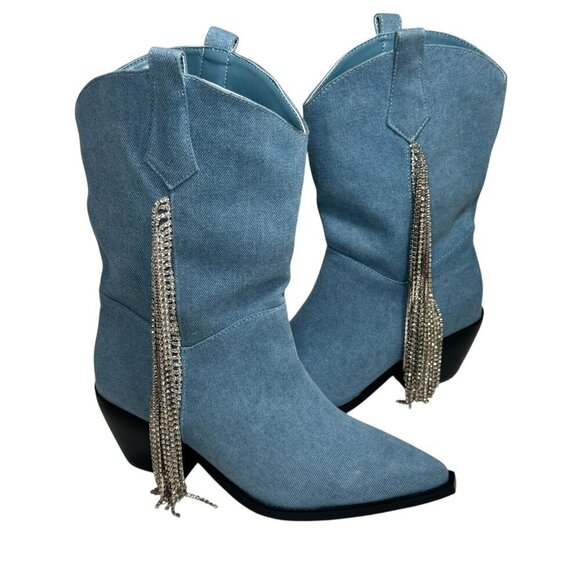 Azalea Wang TooCute Denim Rhinestone Fringed Mid Calf Cowboy Boots Size 7 NEW - Picture 4 of 12
